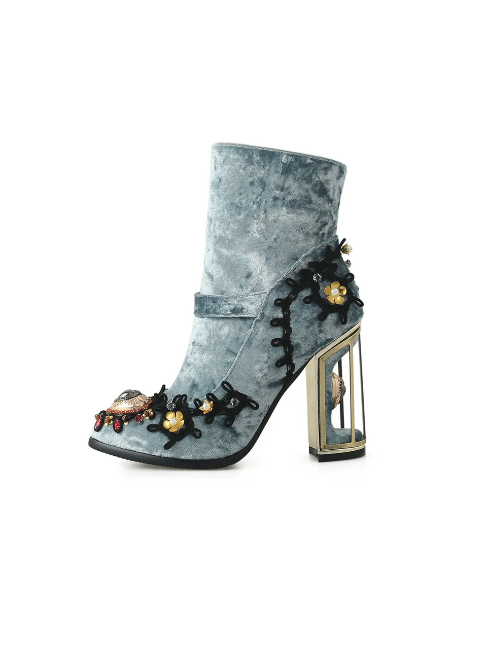 10CM Lace Chunky High Heel Bootie Vintage Shoes