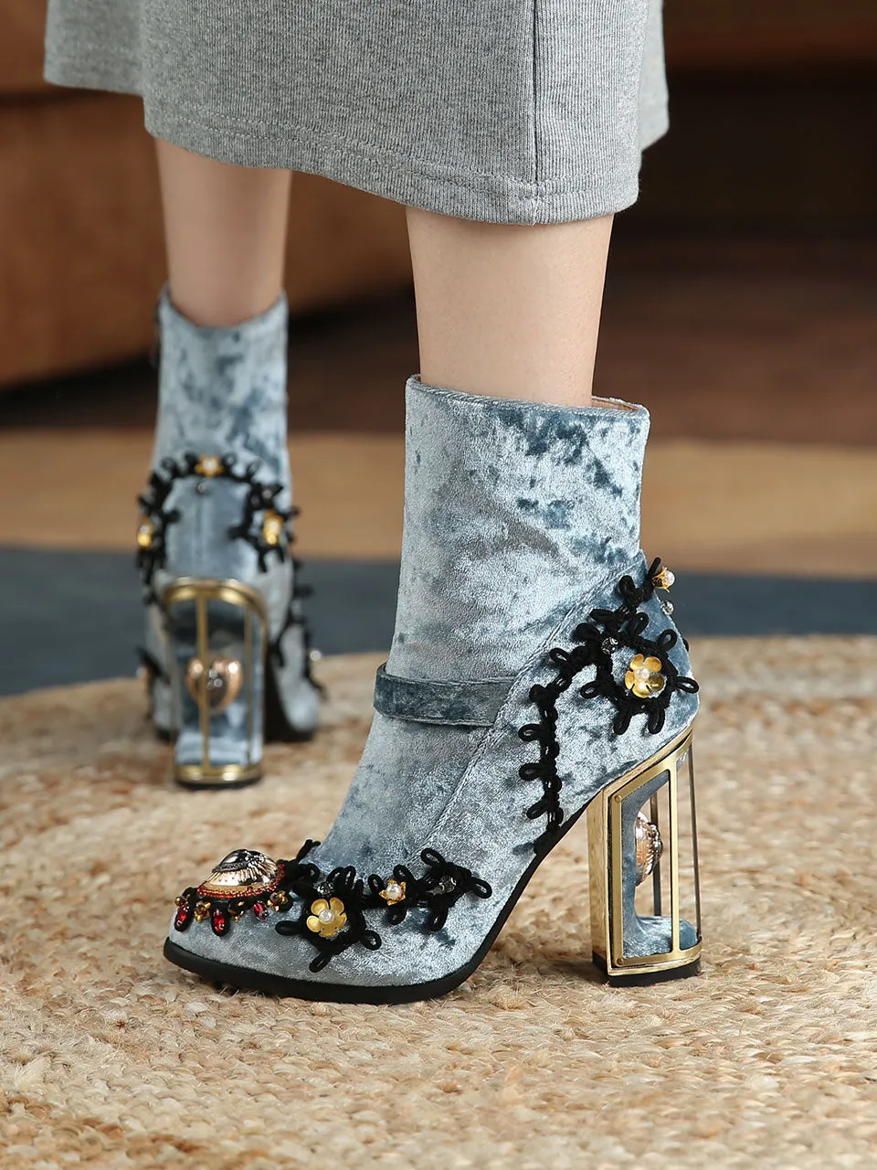 10CM Lace Chunky High Heel Bootie Vintage Shoes