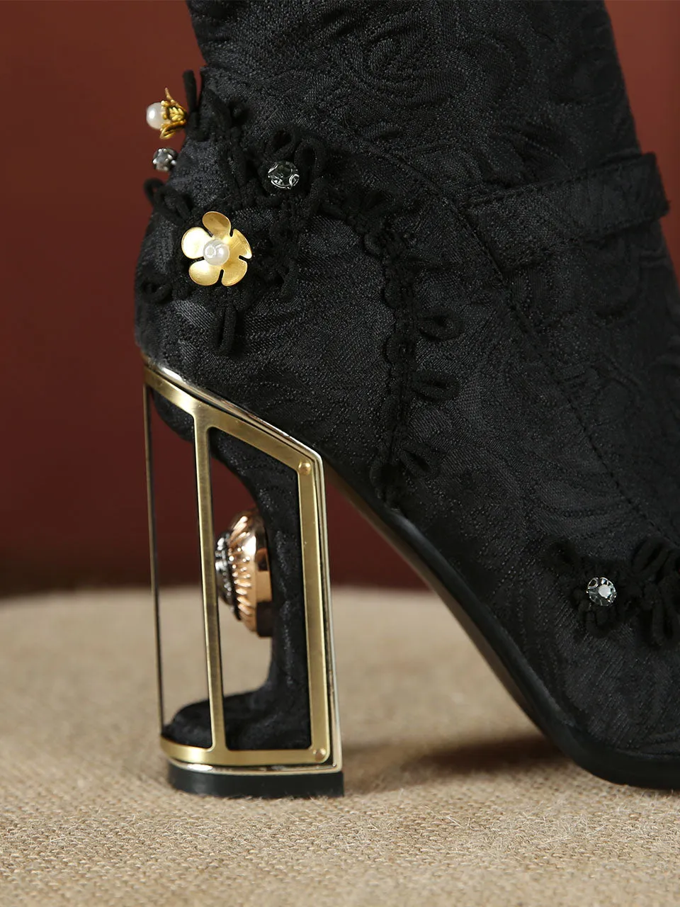10CM Lace Chunky High Heel Bootie Vintage Shoes