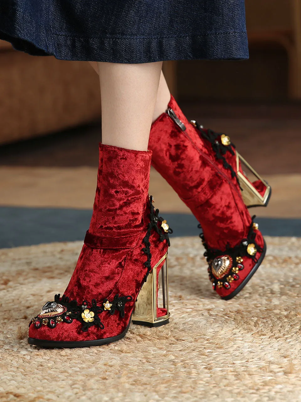 10CM Lace Chunky High Heel Bootie Vintage Shoes