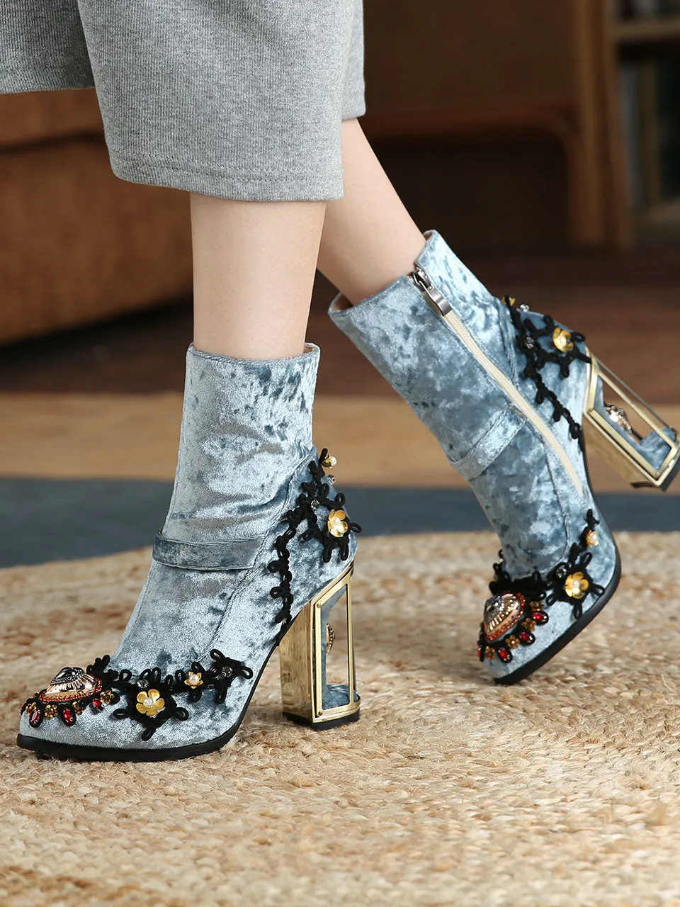 10CM Lace Chunky High Heel Bootie Vintage Shoes