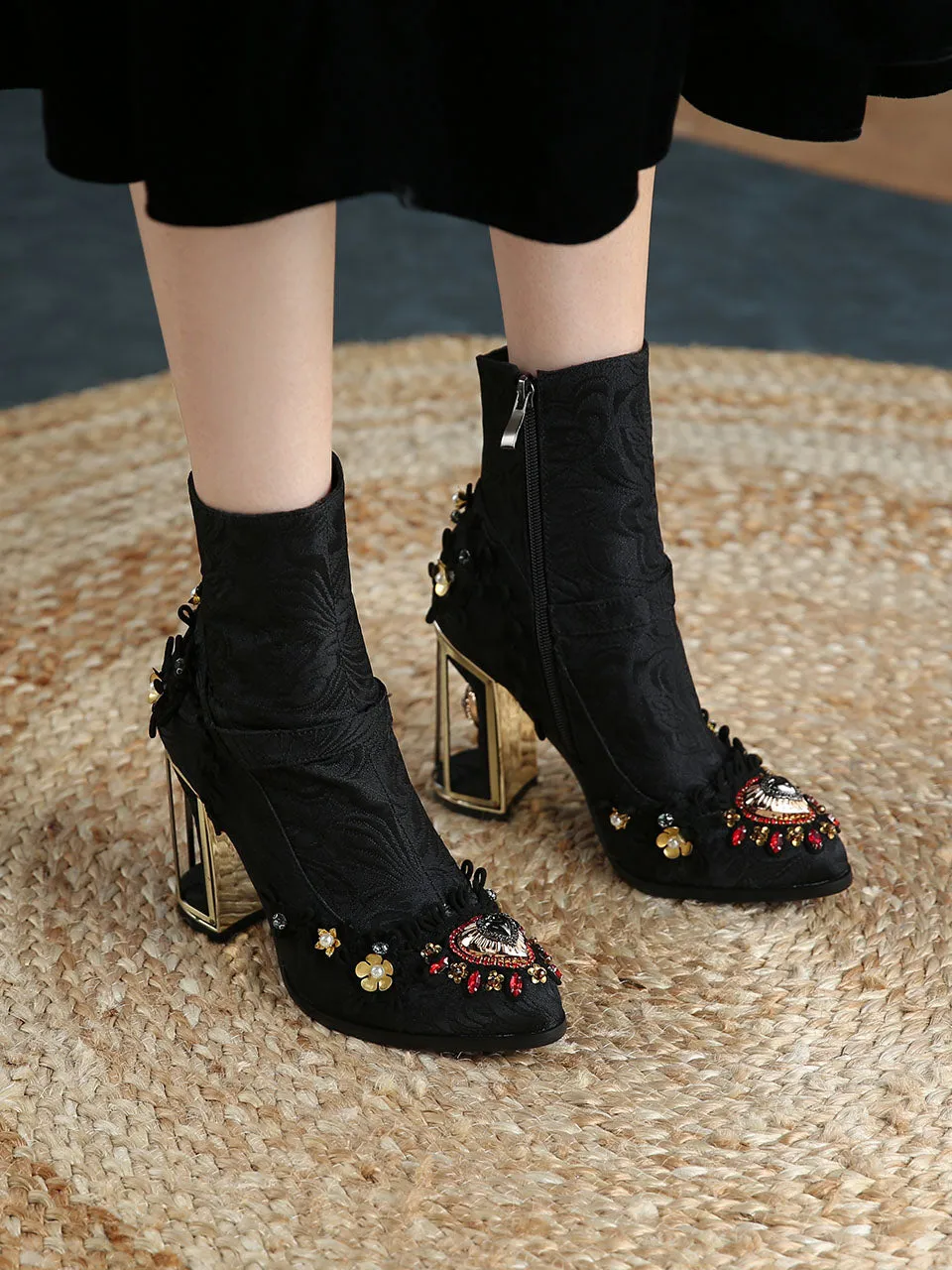 10CM Lace Chunky High Heel Bootie Vintage Shoes