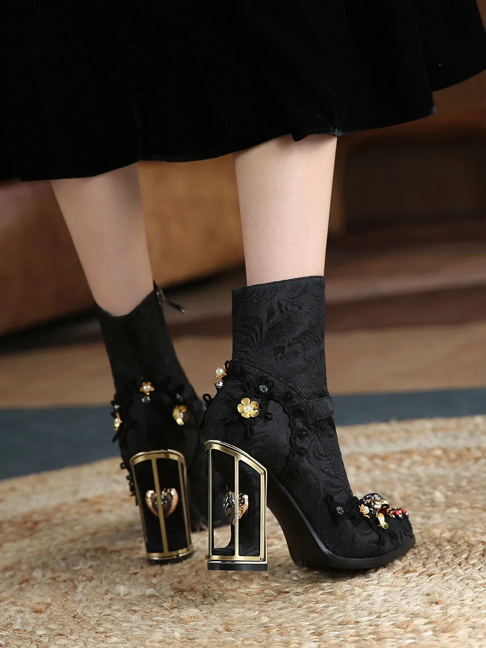 10CM Lace Chunky High Heel Bootie Vintage Shoes