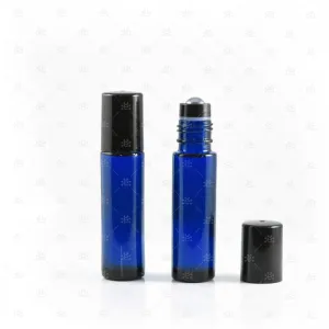 10ml Blue Glass Roller Bottle with Black Lid & Premium Stainless Steel Rollerball - 5 pack (NEW STYLE)