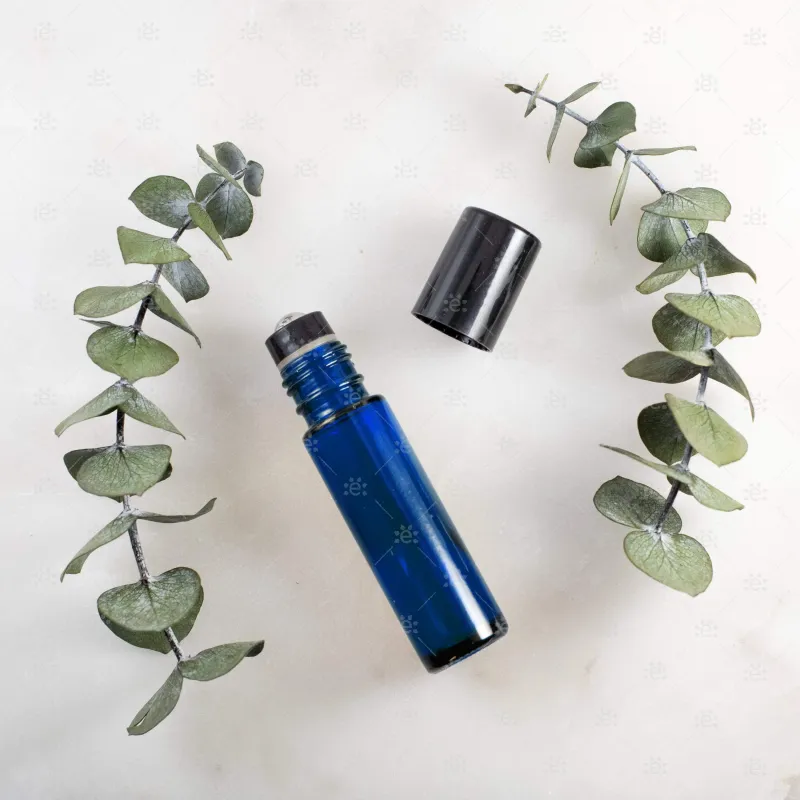 10ml Blue Glass Roller Bottle with Black Lid & Premium Stainless Steel Rollerball - 5 pack (NEW STYLE)