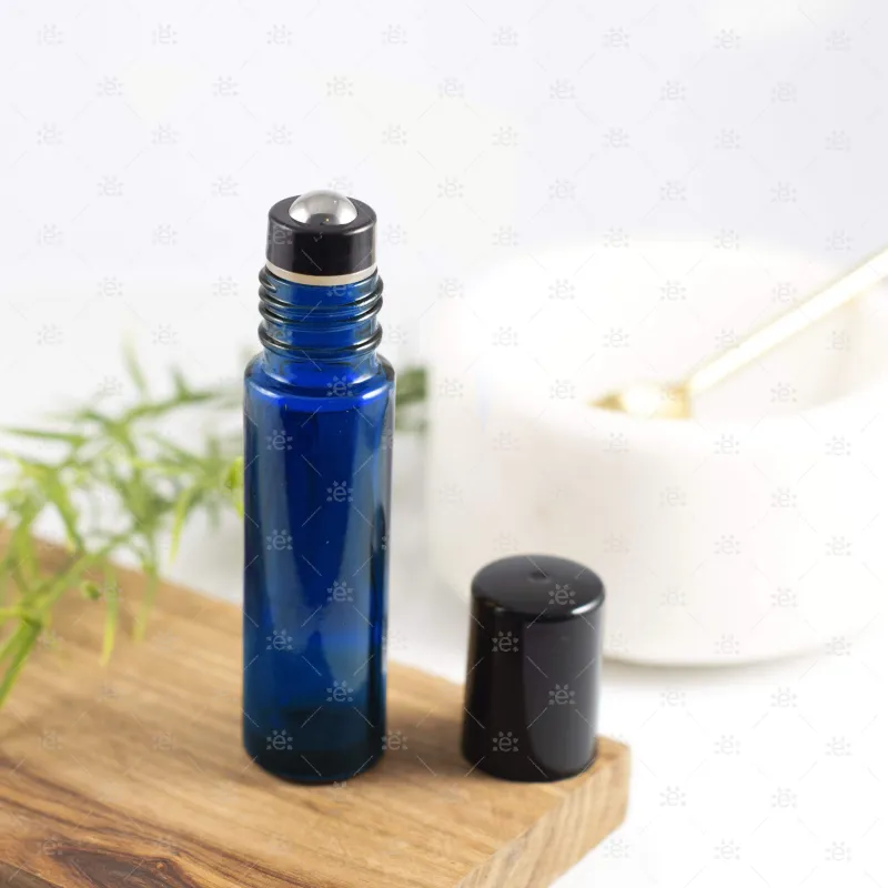 10ml Blue Glass Roller Bottle with Black Lid & Premium Stainless Steel Rollerball - 5 pack (NEW STYLE)