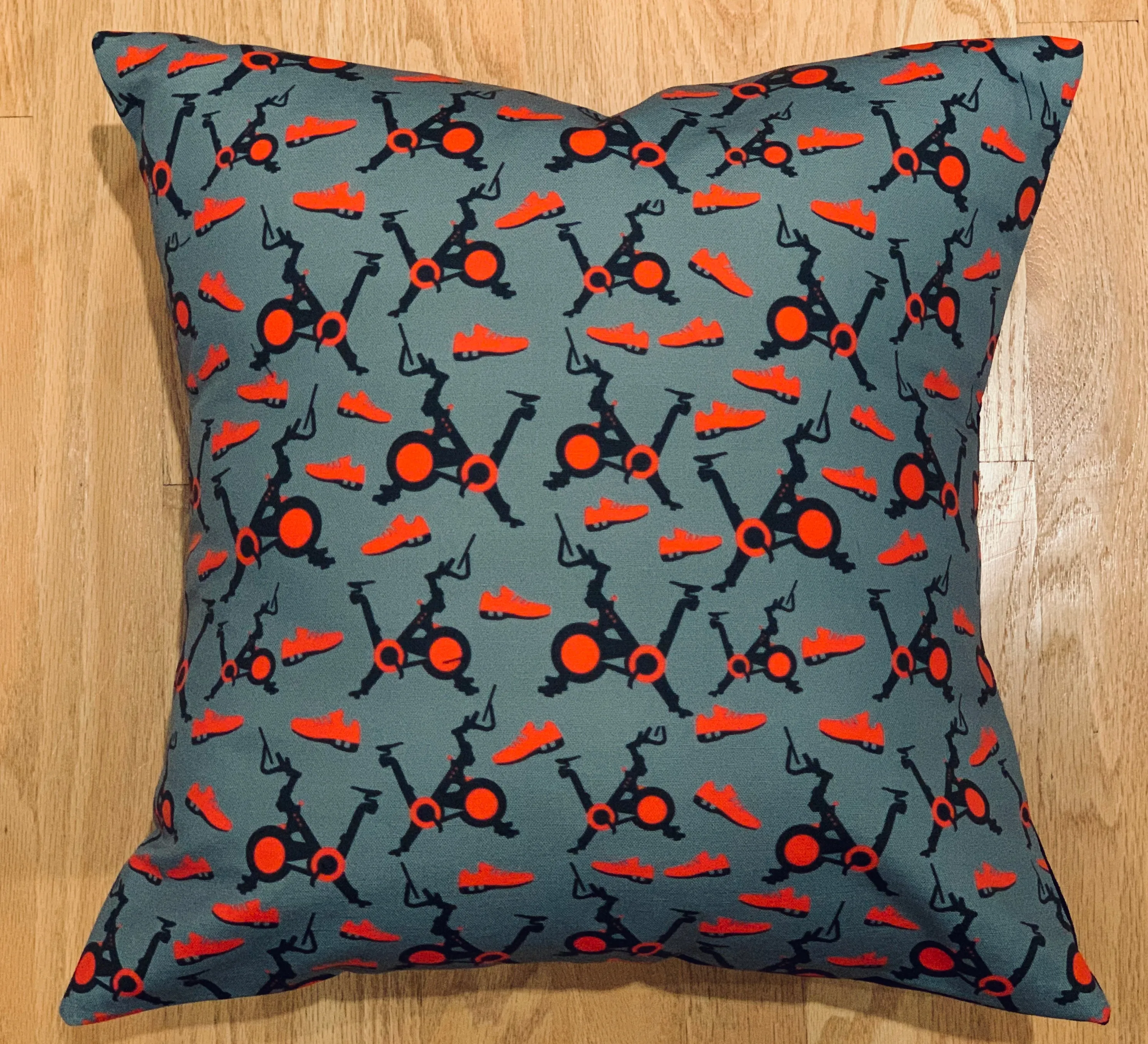 18" Decorative Pelo Pillow Cover in Spin Bike and Shoes Pattern on Premium Cotton Linen Fabric, Gray, Red, Black