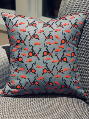 18" Decorative Pelo Pillow Cover in Spin Bike and Shoes Pattern on Premium Cotton Linen Fabric, Gray, Red, Black