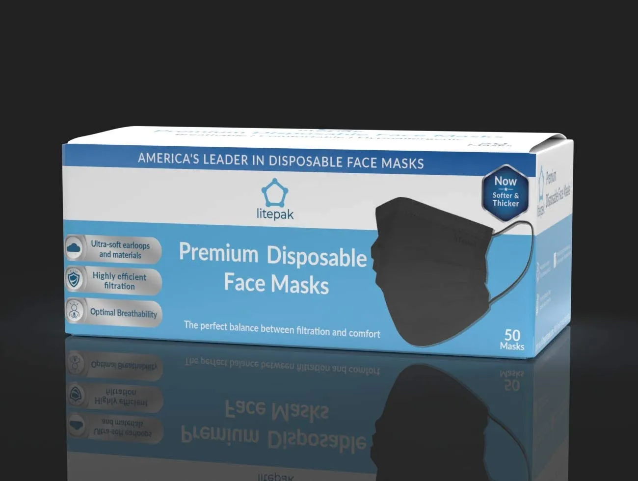 2000pcs Litepak Premium Disposable Face Masks 3-Ply - Black