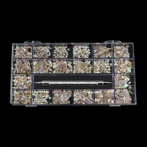 3100Pcs Nail Crystal Rhinestones Kit, Mix Shapes AB Glass, 3D Diamonds Flatback Crystals, with a Drill Pen, Nail Crystal Non Hotfix, Nail Art Decoration (Green)