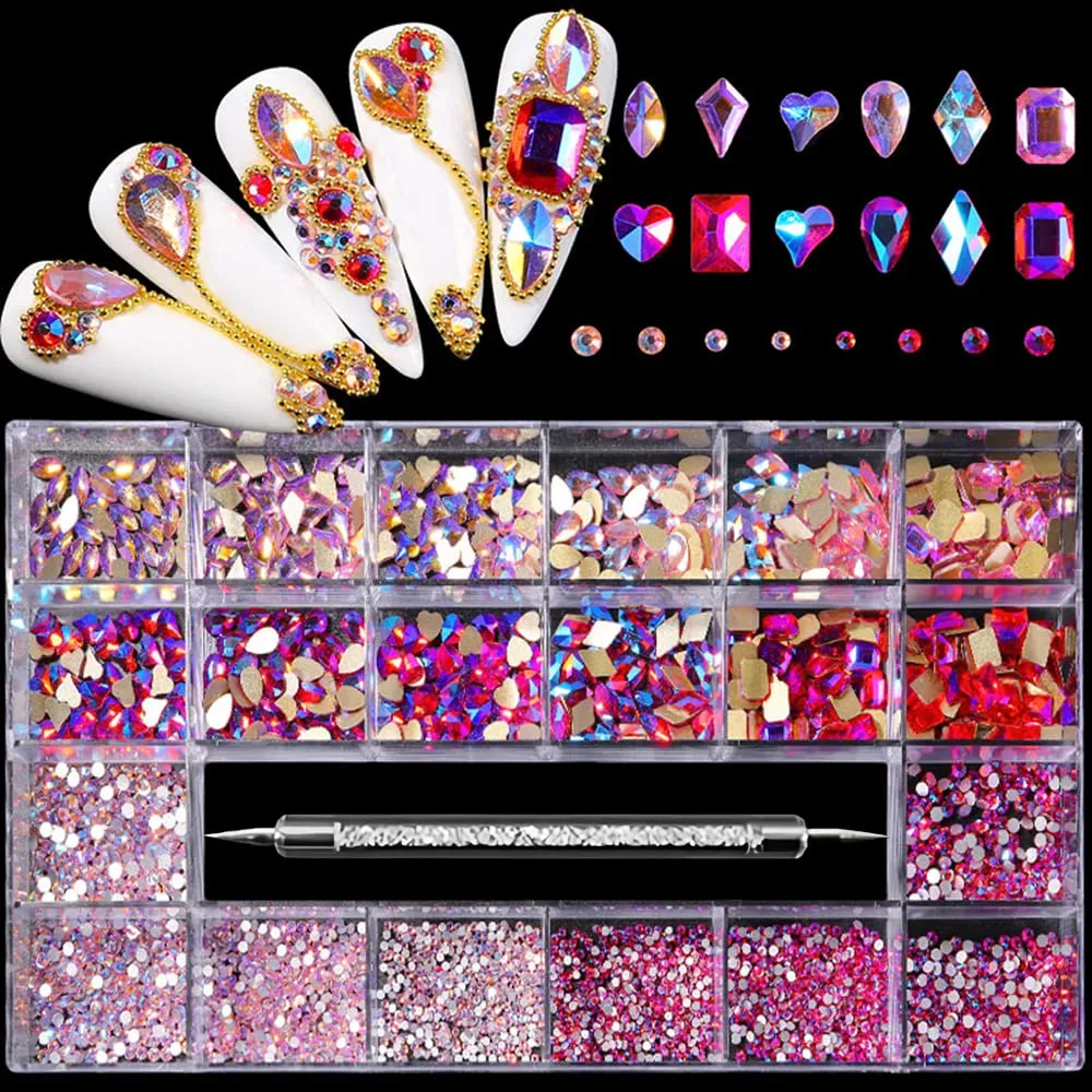 3100Pcs Nail Crystal Rhinestones Kit, Mix Shapes AB Glass, 3D Diamonds Flatback Crystals, with a Drill Pen, Nail Crystal Non Hotfix, Nail Art Decoration (Green)