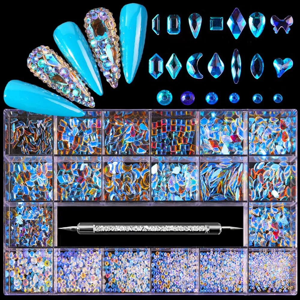 3100Pcs Nail Crystal Rhinestones Kit, Mix Shapes AB Glass, 3D Diamonds Flatback Crystals, with a Drill Pen, Nail Crystal Non Hotfix, Nail Art Decoration (Green)