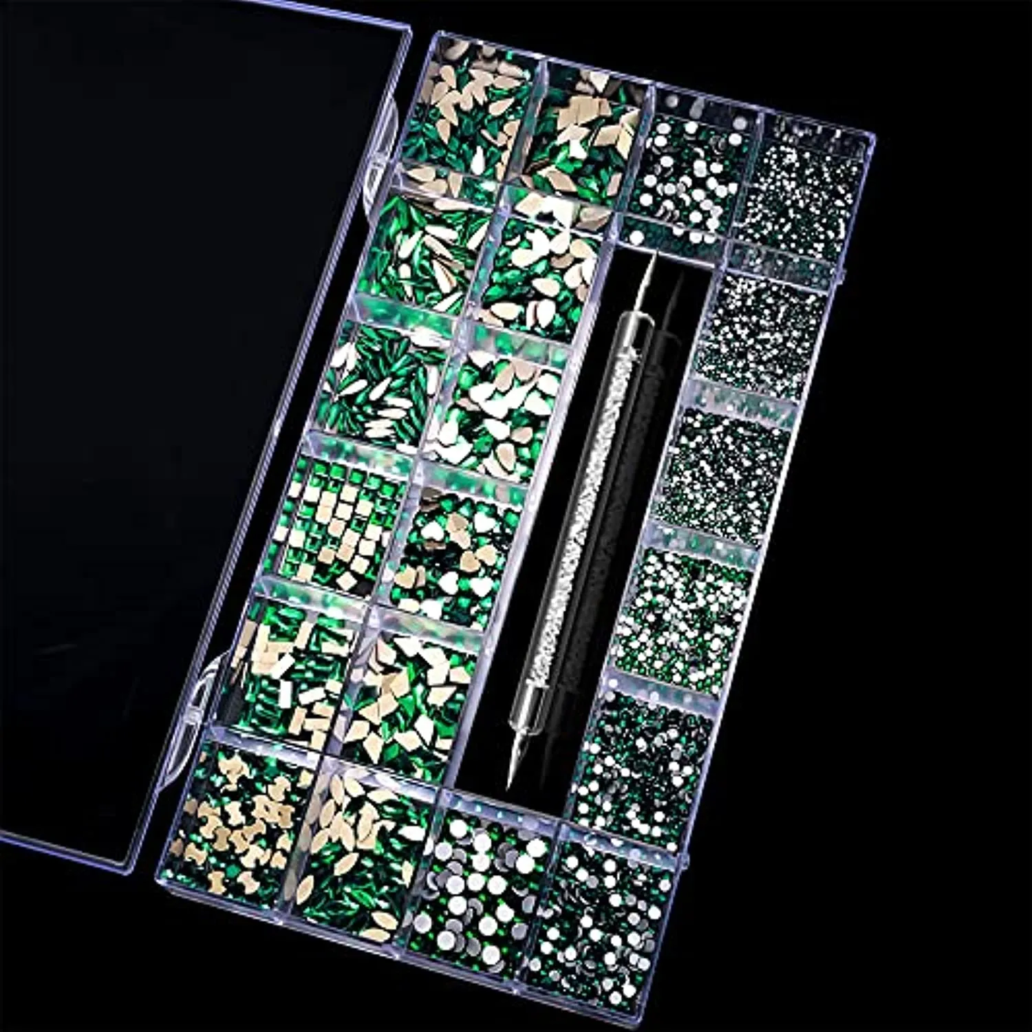 3100Pcs Nail Crystal Rhinestones Kit, Mix Shapes AB Glass, 3D Diamonds Flatback Crystals, with a Drill Pen, Nail Crystal Non Hotfix, Nail Art Decoration (Green)