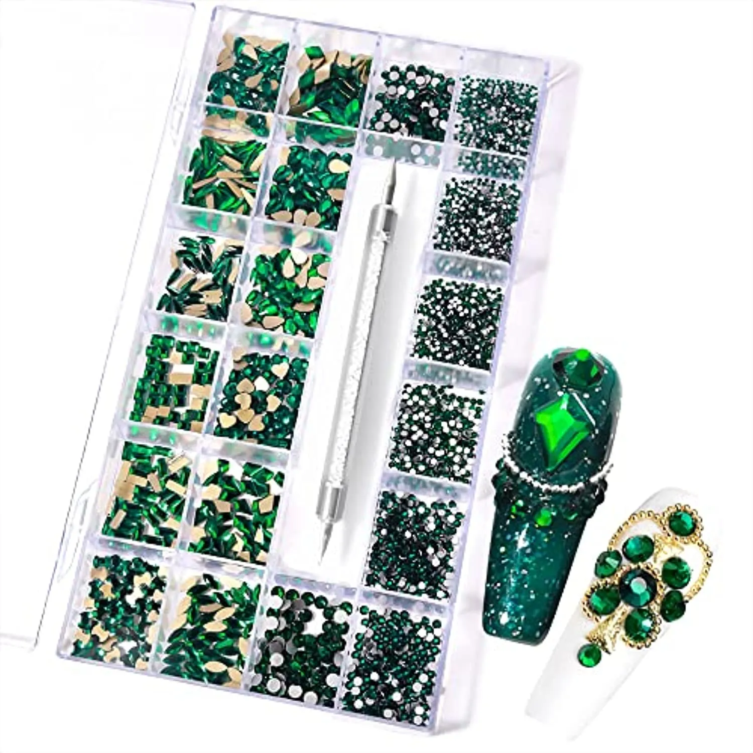 3100Pcs Nail Crystal Rhinestones Kit, Mix Shapes AB Glass, 3D Diamonds Flatback Crystals, with a Drill Pen, Nail Crystal Non Hotfix, Nail Art Decoration (Green)