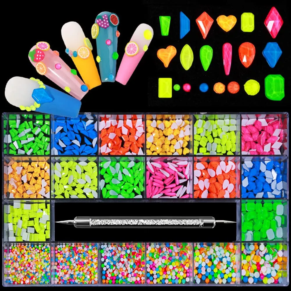 3100Pcs Nail Crystal Rhinestones Kit, Mix Shapes AB Glass, 3D Diamonds Flatback Crystals, with a Drill Pen, Nail Crystal Non Hotfix, Nail Art Decoration (Green)