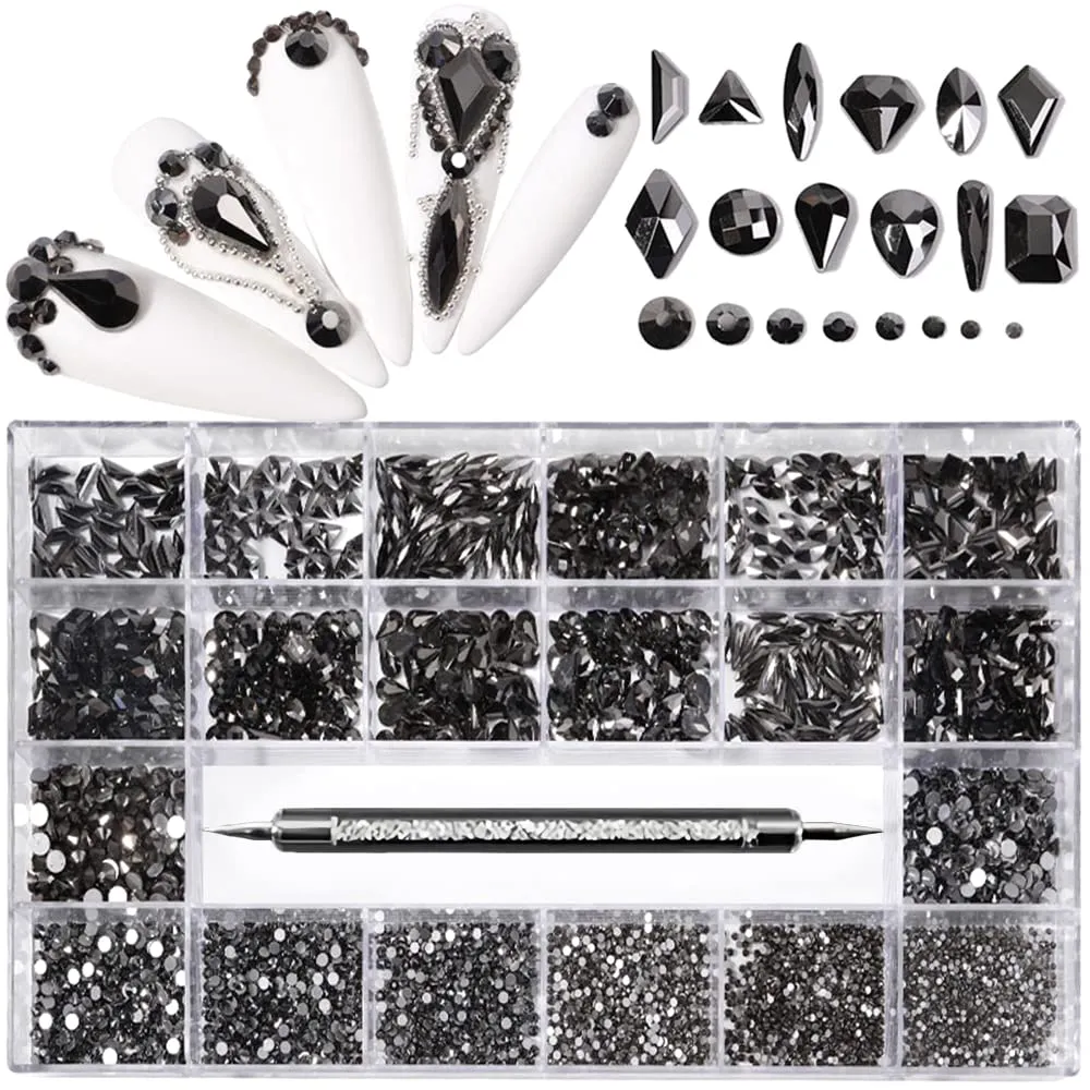 3100Pcs Nail Crystal Rhinestones Kit, Mix Shapes AB Glass, 3D Diamonds Flatback Crystals, with a Drill Pen, Nail Crystal Non Hotfix, Nail Art Decoration (Green)