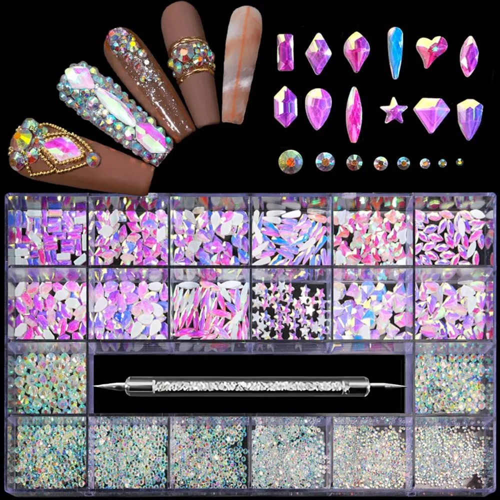 3100Pcs Nail Crystal Rhinestones Kit, Mix Shapes AB Glass, 3D Diamonds Flatback Crystals, with a Drill Pen, Nail Crystal Non Hotfix, Nail Art Decoration (Green)