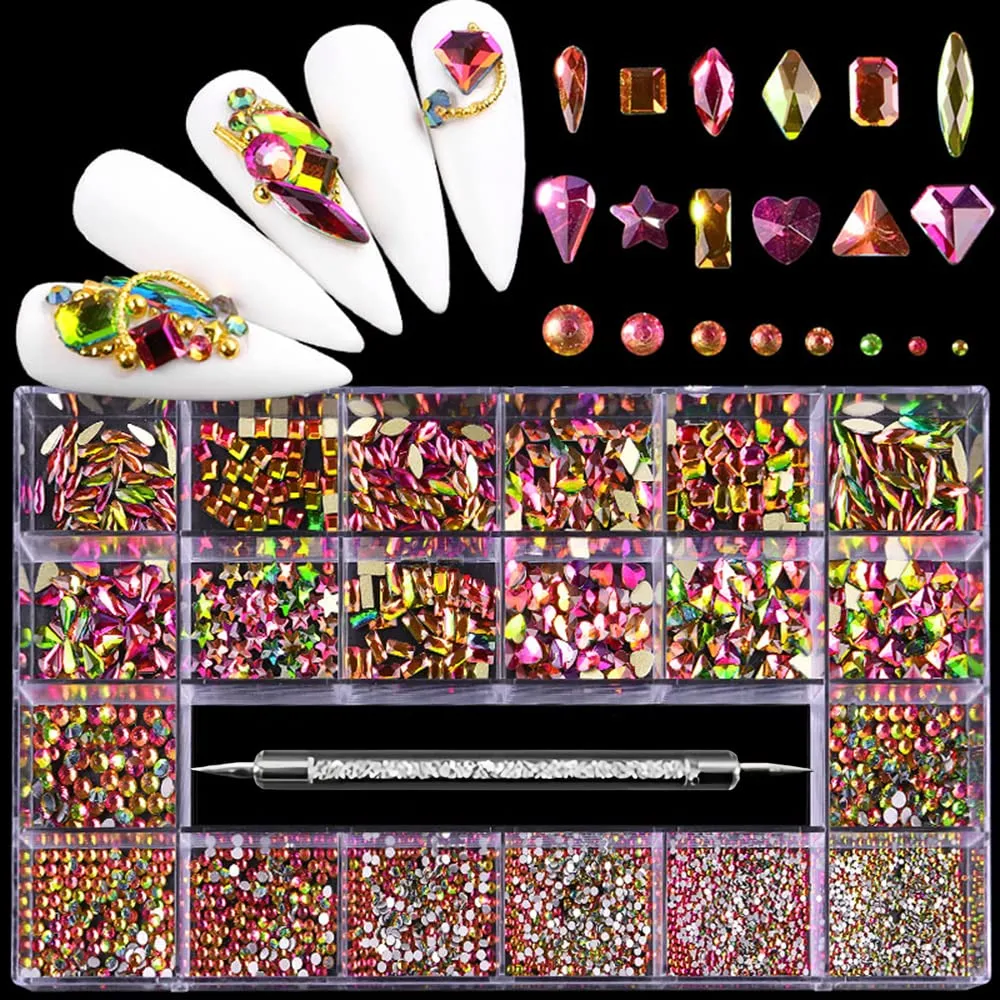 3100Pcs Nail Crystal Rhinestones Kit, Mix Shapes AB Glass, 3D Diamonds Flatback Crystals, with a Drill Pen, Nail Crystal Non Hotfix, Nail Art Decoration (Green)