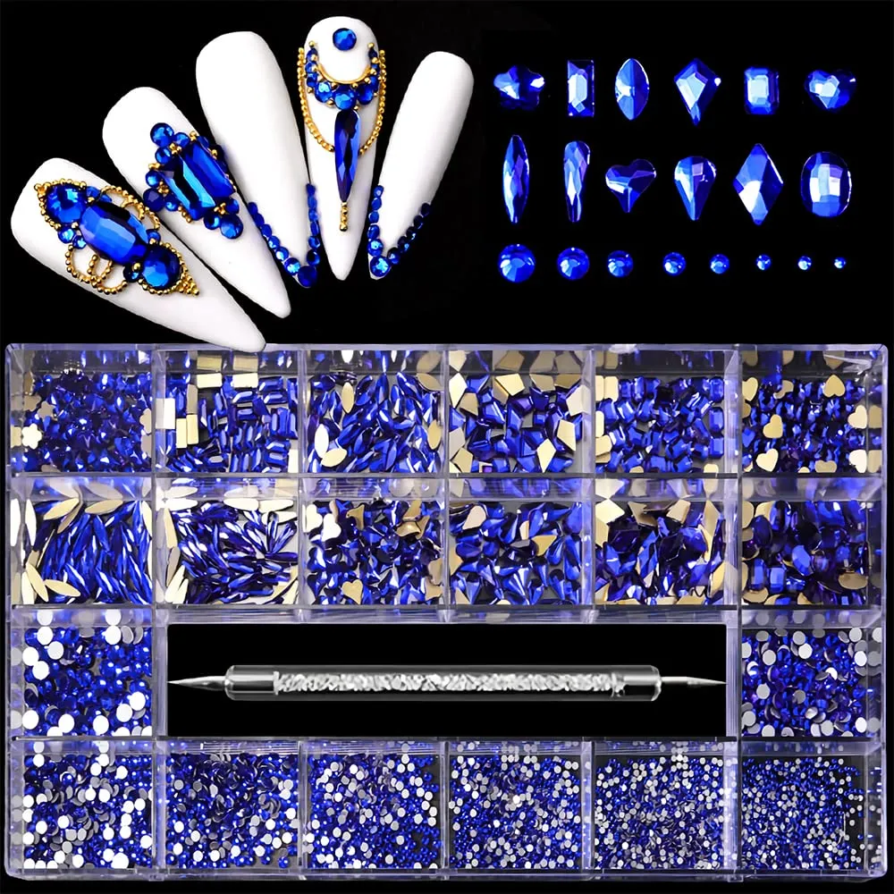 3100Pcs Nail Crystal Rhinestones Kit, Mix Shapes AB Glass, 3D Diamonds Flatback Crystals, with a Drill Pen, Nail Crystal Non Hotfix, Nail Art Decoration (Green)