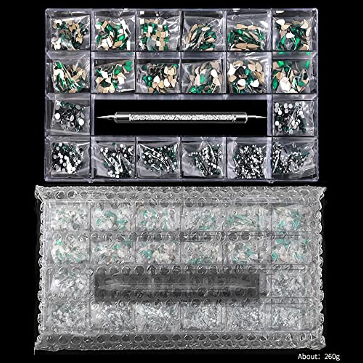 3100Pcs Nail Crystal Rhinestones Kit, Mix Shapes AB Glass, 3D Diamonds Flatback Crystals, with a Drill Pen, Nail Crystal Non Hotfix, Nail Art Decoration (Green)