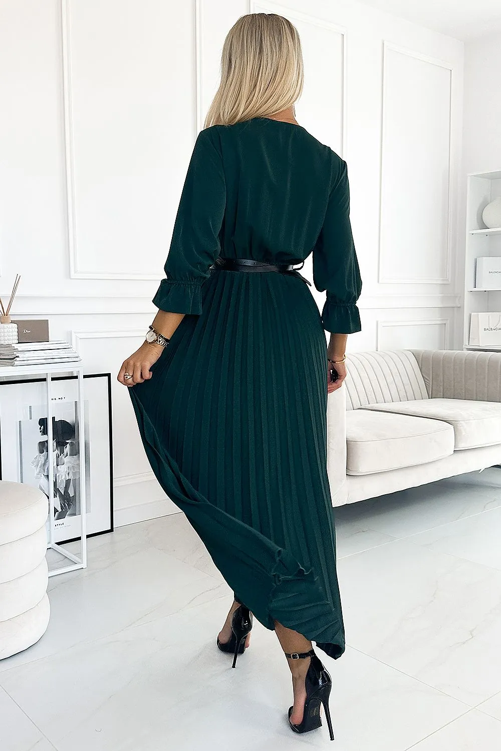 3/4 sleeves pleated cocktail dress