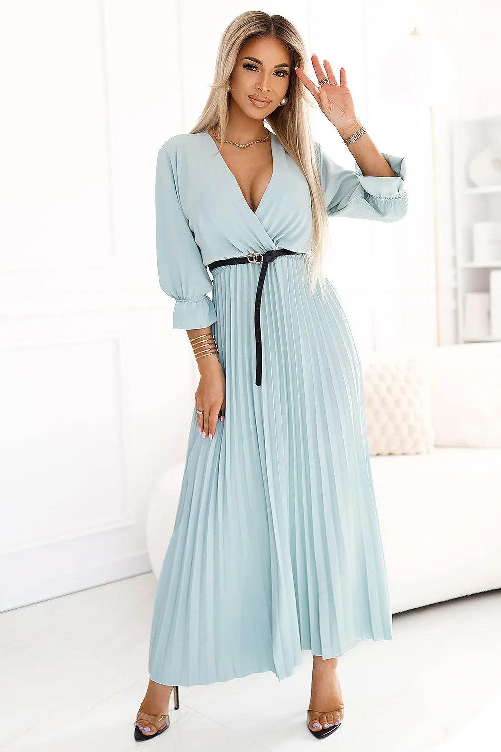3/4 sleeves pleated cocktail dress