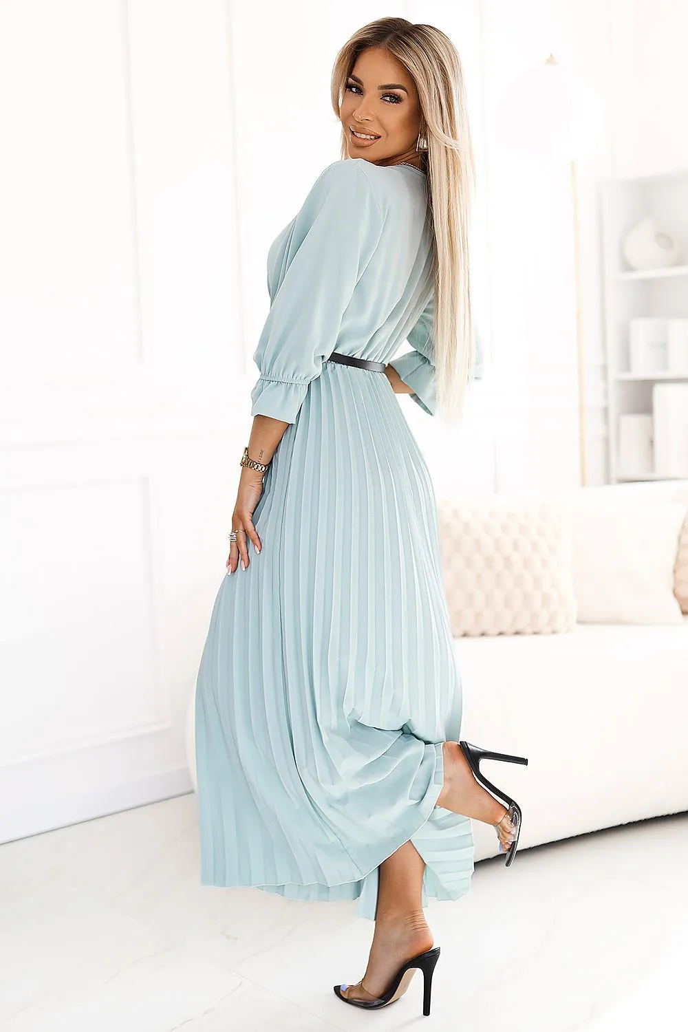 3/4 sleeves pleated cocktail dress