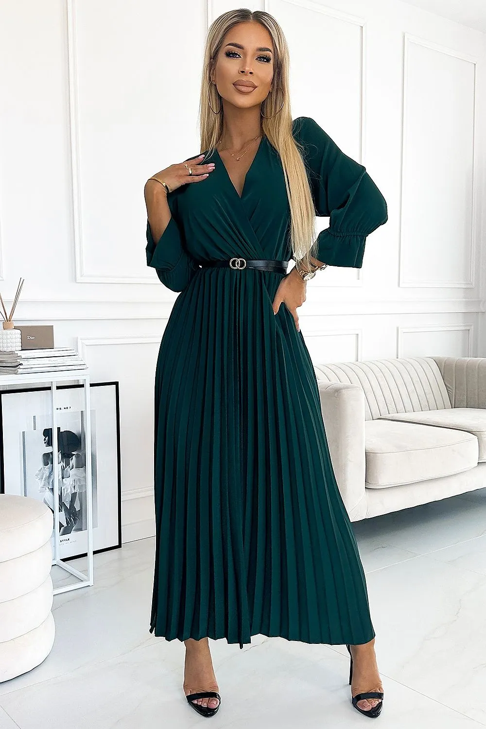 3/4 sleeves pleated cocktail dress