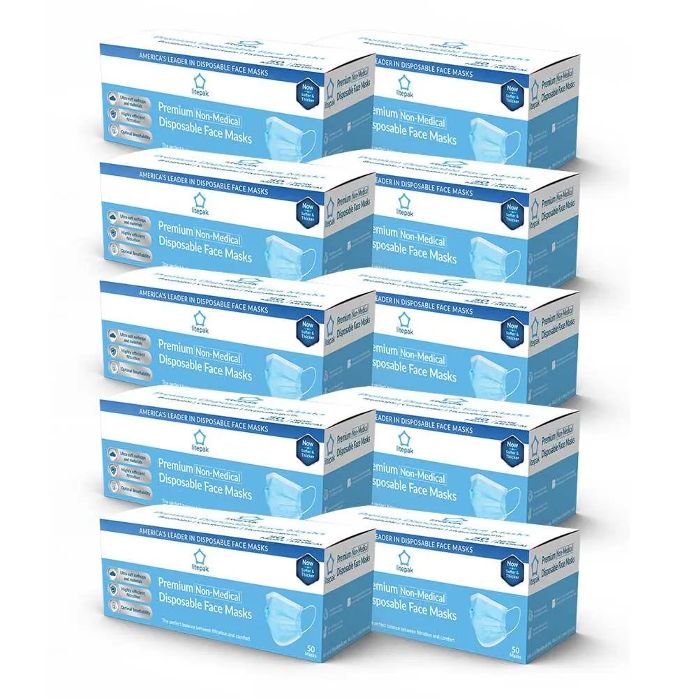 500pcs Litepak Premium Disposable Face Mask Earloop 3-Ply (10 Boxes of 50 Masks)