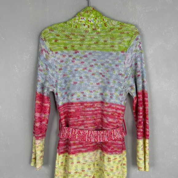 525 America size XS crochet long cardigan fringe trim colorful boho hippie
