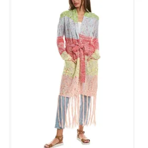 525 America size XS crochet long cardigan fringe trim colorful boho hippie