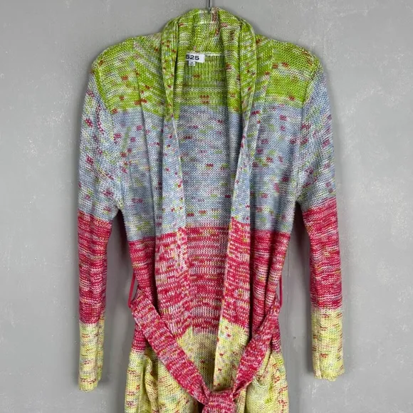 525 America size XS crochet long cardigan fringe trim colorful boho hippie