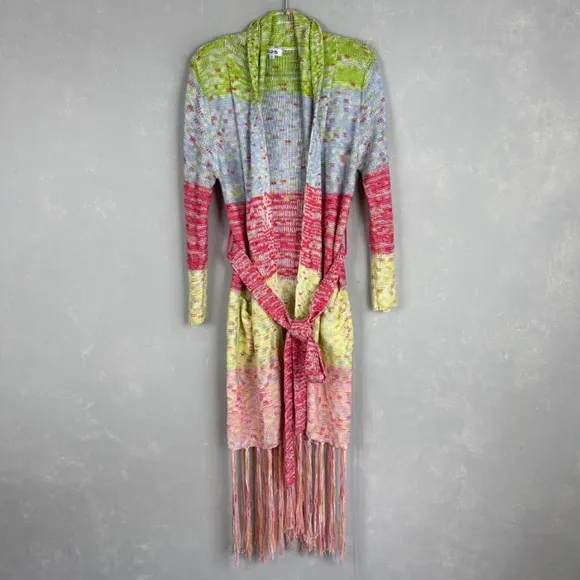525 America size XS crochet long cardigan fringe trim colorful boho hippie