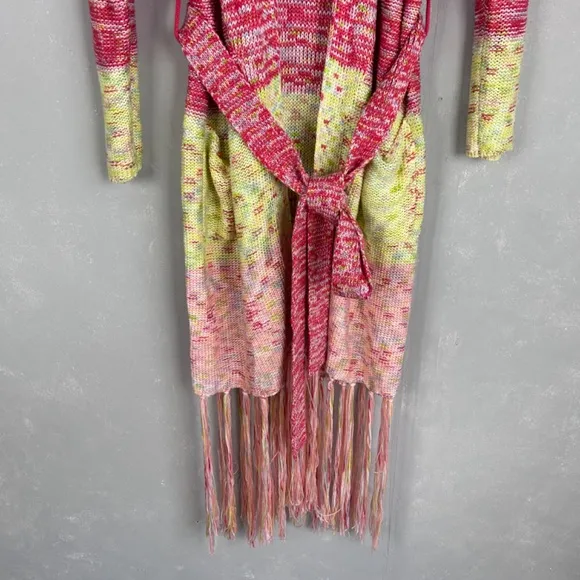 525 America size XS crochet long cardigan fringe trim colorful boho hippie