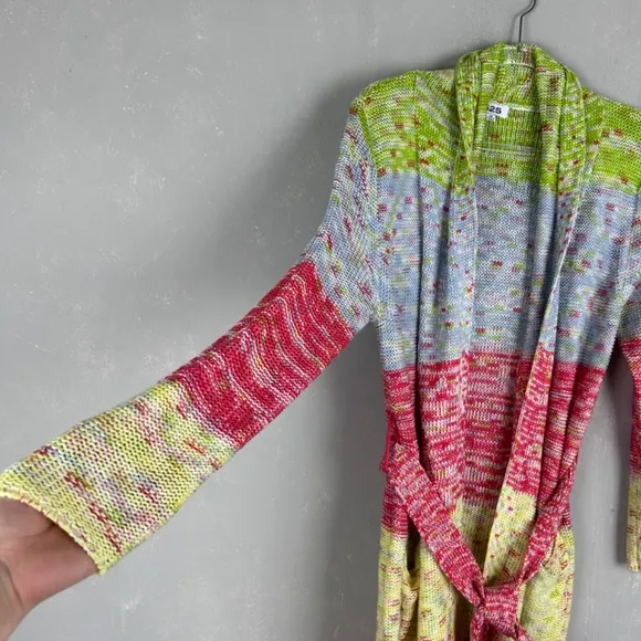 525 America size XS crochet long cardigan fringe trim colorful boho hippie