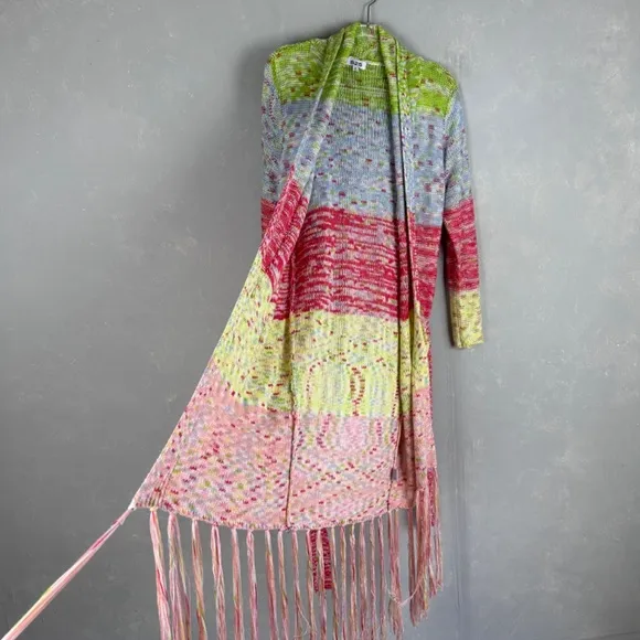 525 America size XS crochet long cardigan fringe trim colorful boho hippie