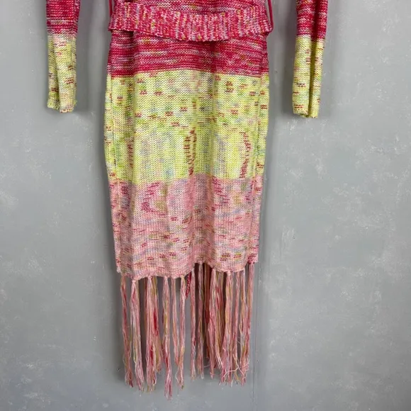 525 America size XS crochet long cardigan fringe trim colorful boho hippie