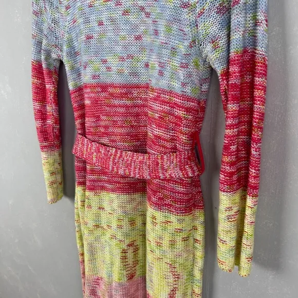 525 America size XS crochet long cardigan fringe trim colorful boho hippie