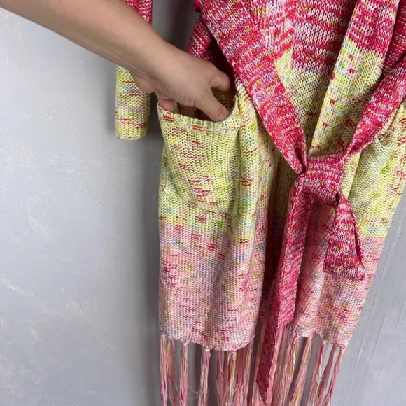 525 America size XS crochet long cardigan fringe trim colorful boho hippie