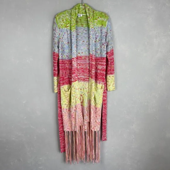 525 America size XS crochet long cardigan fringe trim colorful boho hippie