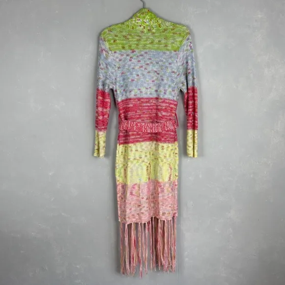 525 America size XS crochet long cardigan fringe trim colorful boho hippie