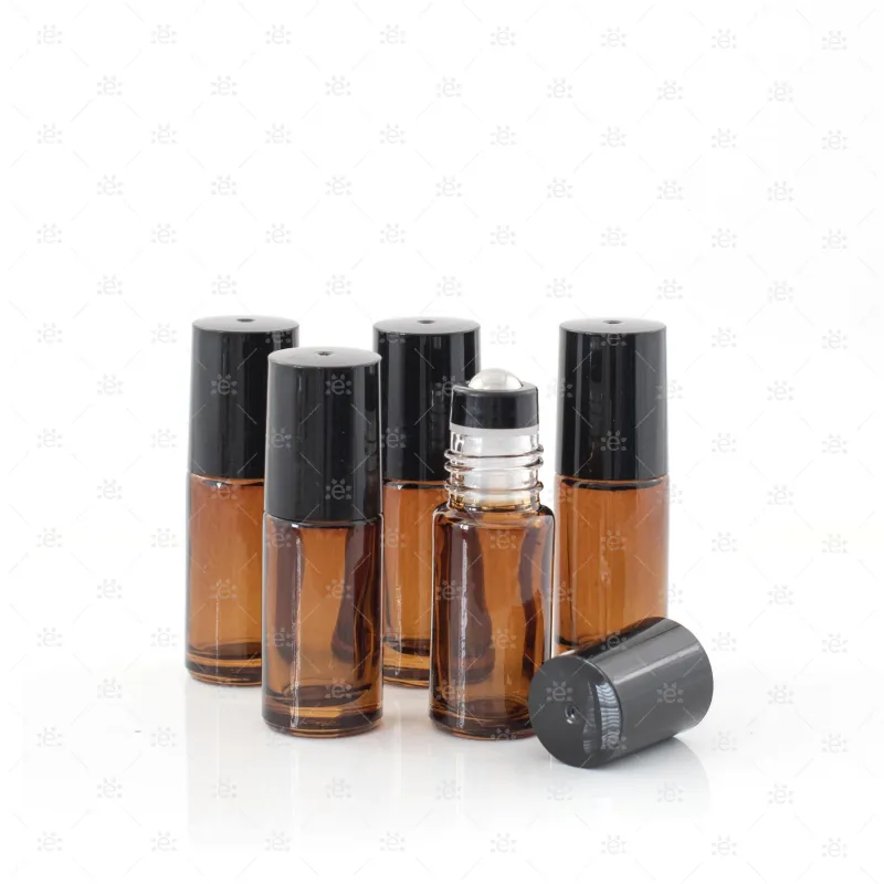 5ml Amber Glass Roller Bottle with Black Lid & Premium Stainless Steel Rollerball - 5 pack (NEW STYLE)