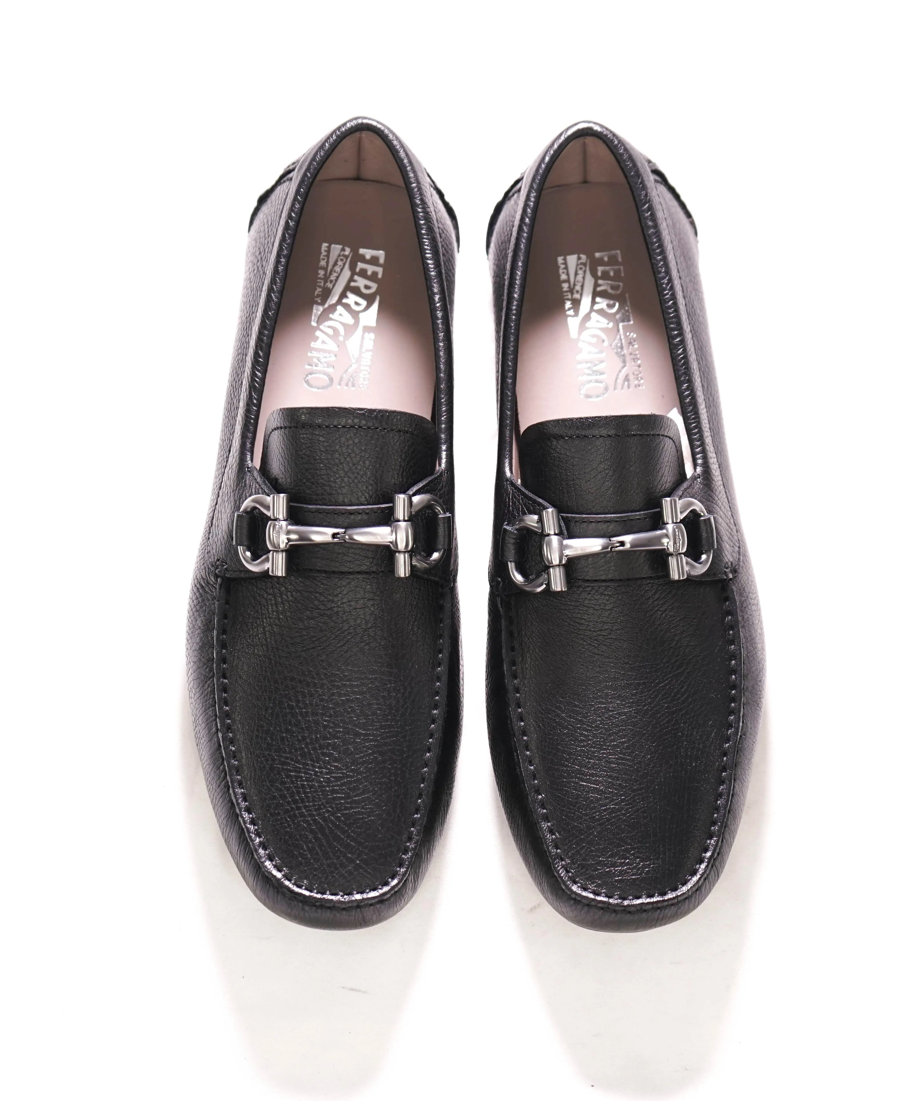 $795 SALVATORE FERRAGAMO - Black Pebbled Leather Parigi Slip On Loafers - 10 D
