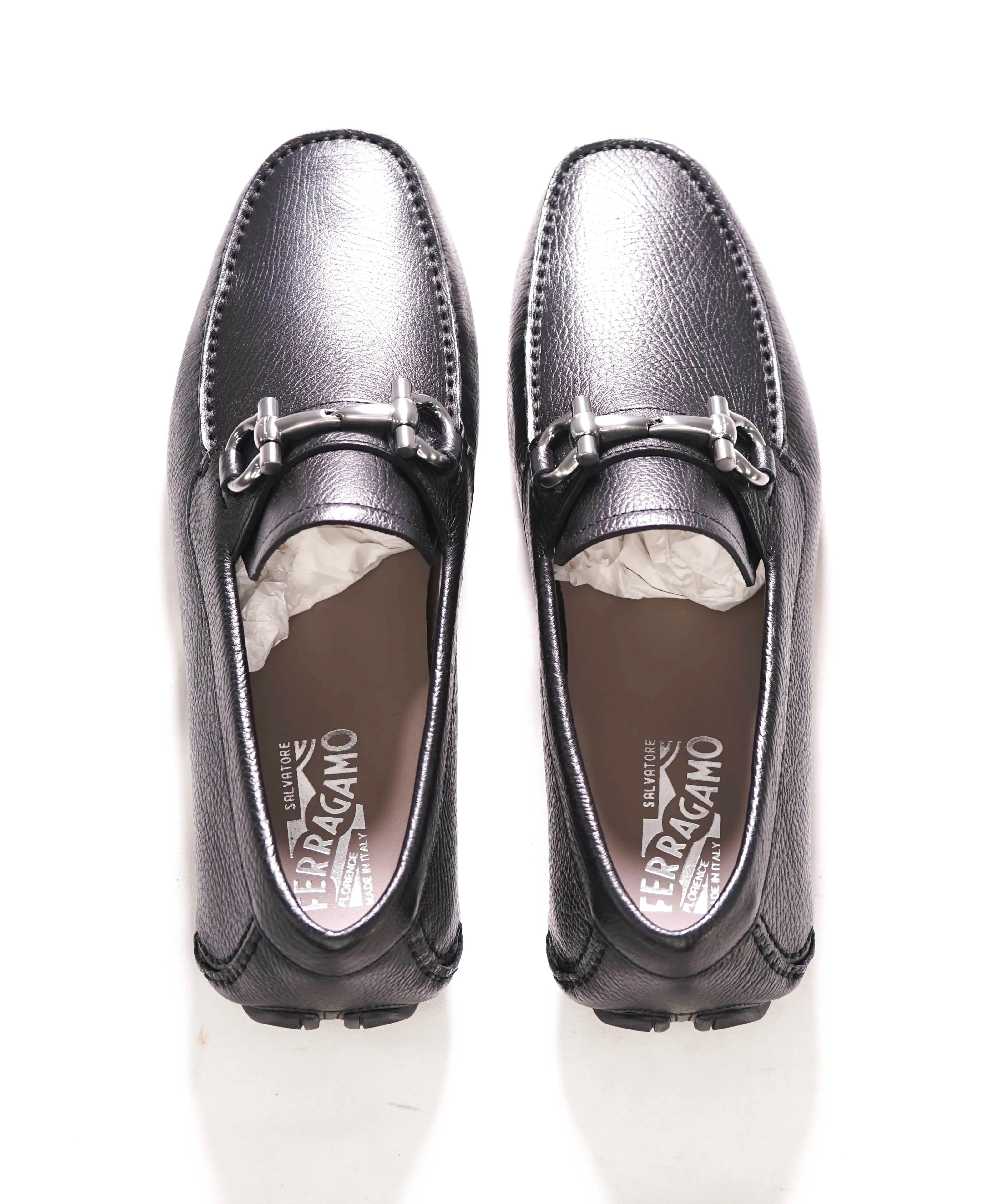 $795 SALVATORE FERRAGAMO - Black Pebbled Leather Parigi Slip On Loafers - 10 D