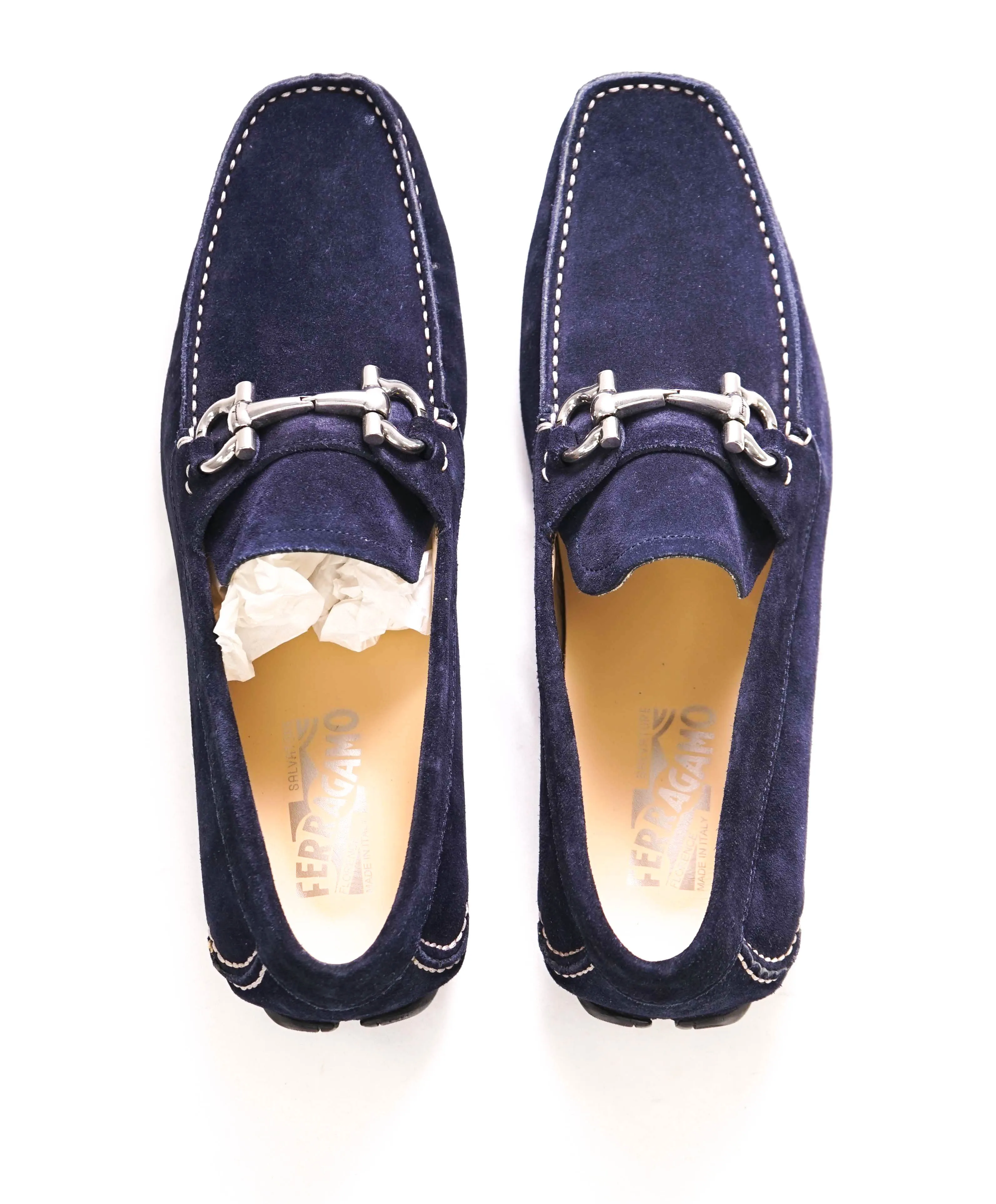 $795 SALVATORE FERRAGAMO - Classic Blue Suede Parigi Slip On Loafers - 8.5 D