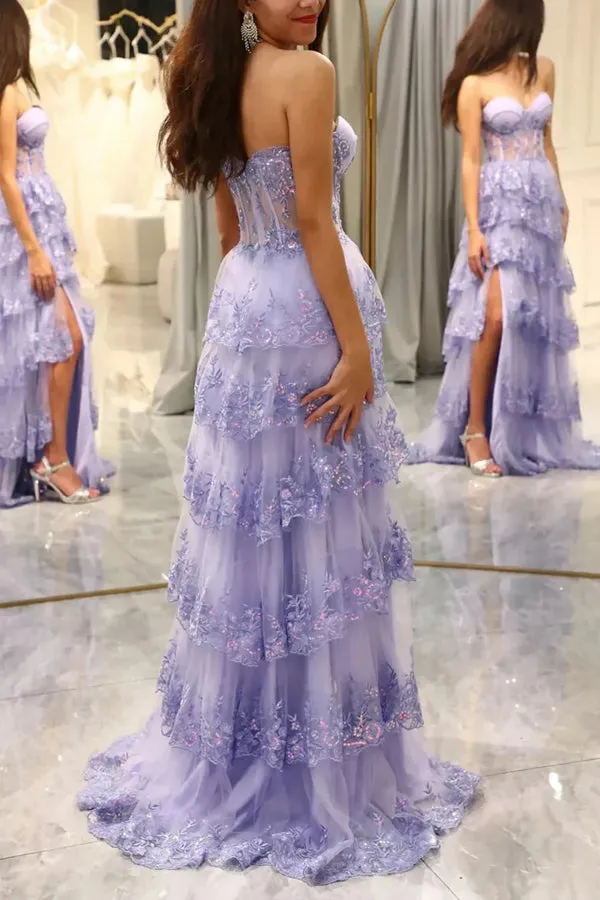 A-Line Appliques Sweetheart Layered Lilac Prom Dress with Slit TP1364