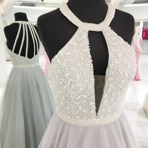 A-Line Gray Tulle Halter Cut Out Long Prom/Evening Dress With Beading  PG932