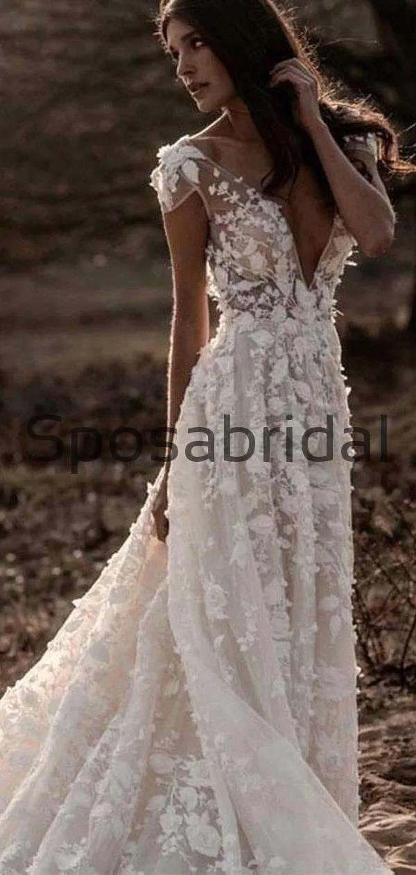 A Line Ivory V-Neck Country Beach Wedding Dresses with Appliques WD0533