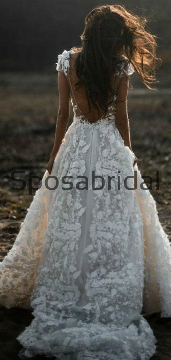 A Line Ivory V-Neck Country Beach Wedding Dresses with Appliques WD0533
