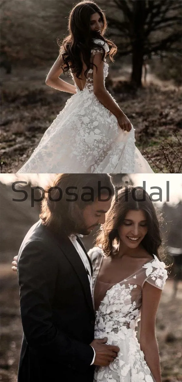 A Line Ivory V-Neck Country Beach Wedding Dresses with Appliques WD0533